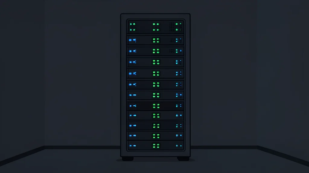 A server rack with blinking status lights in a dark room