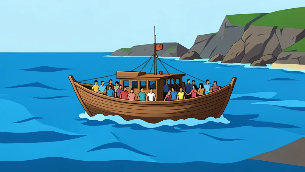A crowded wooden boat floating on choppy blue sea water near a rocky coastline