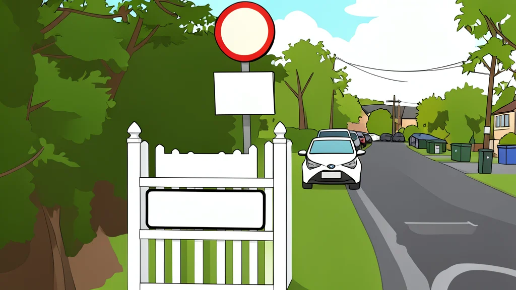 A quiet rural village street with a wooden signpost and a field of tall grass