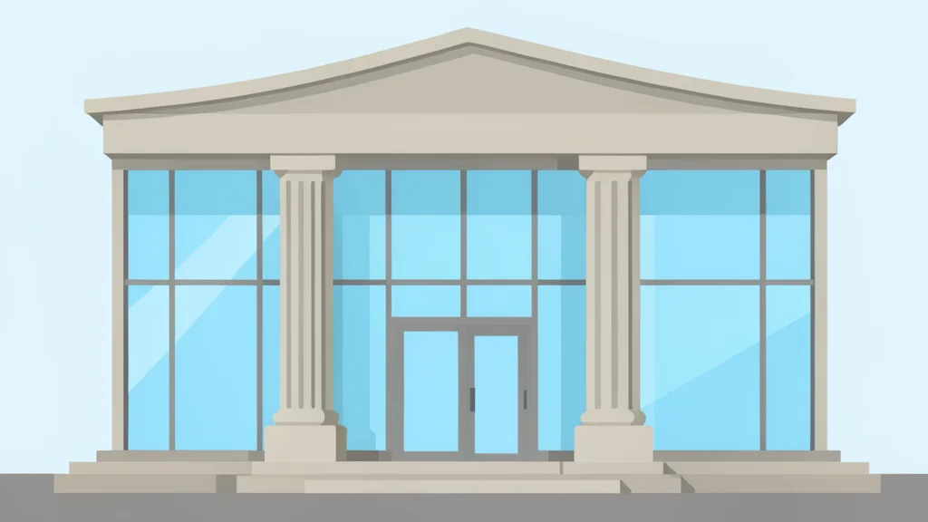 A modern central bank building facade featuring large glass windows and sturdy stone columns.
