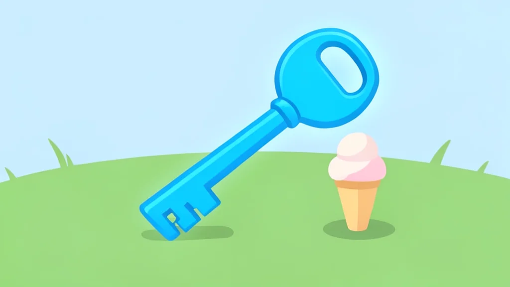 A glowing blue key-shaped weapon resting on a grassy field next to a small ice cream cone