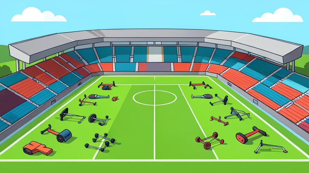A multi-sport stadium arena with various athletic equipment scattered on the field