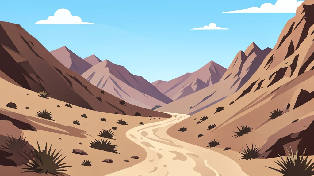 A rugged, arid mountain landscape with dusty trails and sparse vegetation under a bright sky.