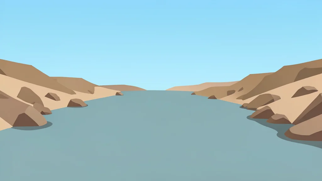 A wide, calm strait of water flanked by arid, rocky coastlines under a clear sky