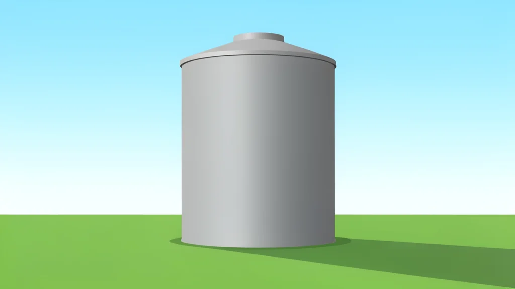 A modern industrial fuel storage tank standing in an open field