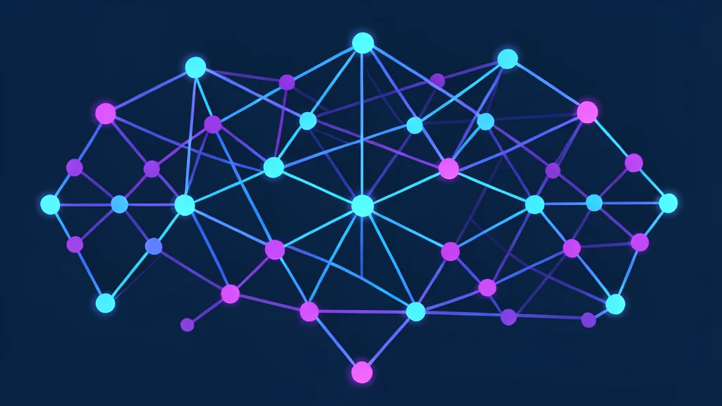 A complex lattice of glowing blue and purple light nodes connected by thin, pulsing lines, representing a quantum network.