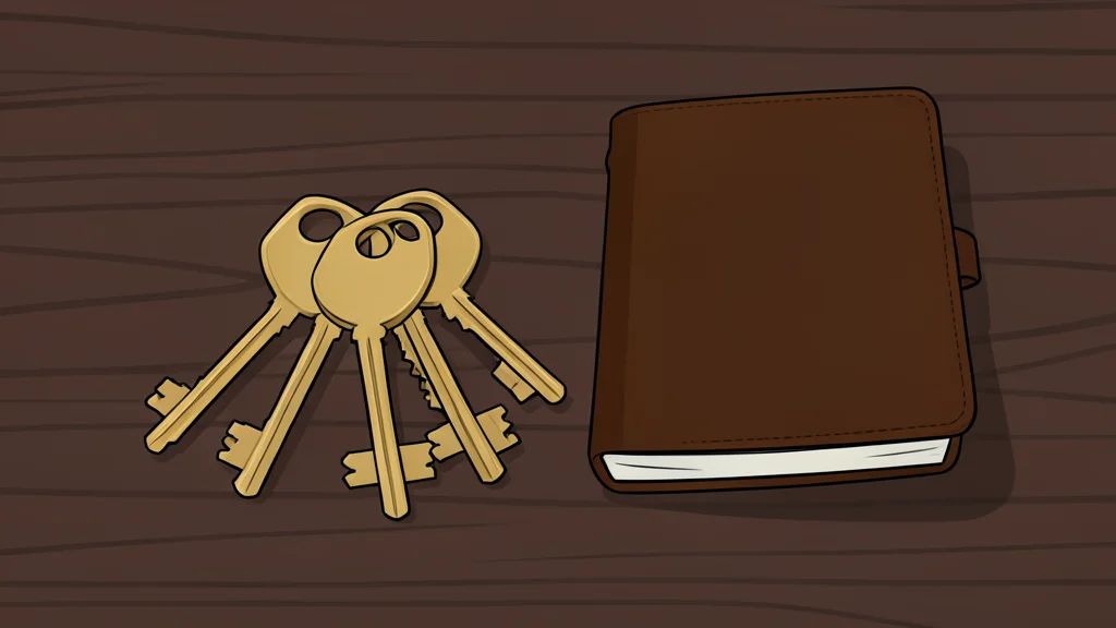 A set of brass house keys resting on a wooden table next to a closed notebook