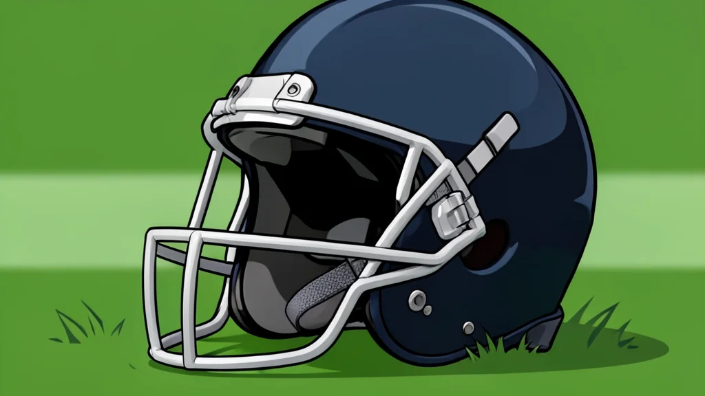A football helmet resting on a grassy field