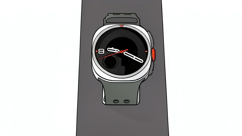 A titanium smartwatch with a circular display and a black rubber strap resting on a wooden surface