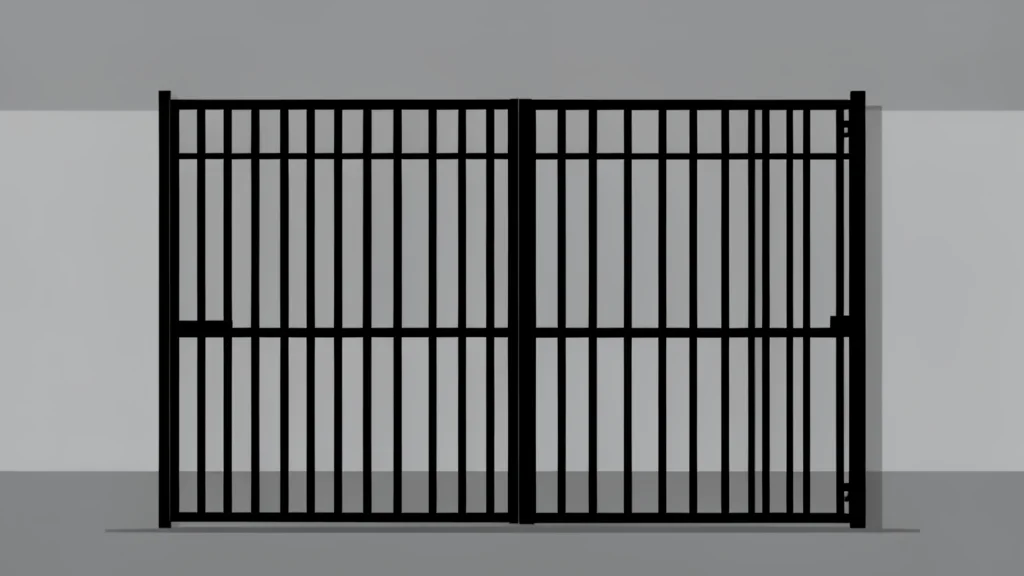 A heavy iron gate of a correctional facility standing against a grey sky