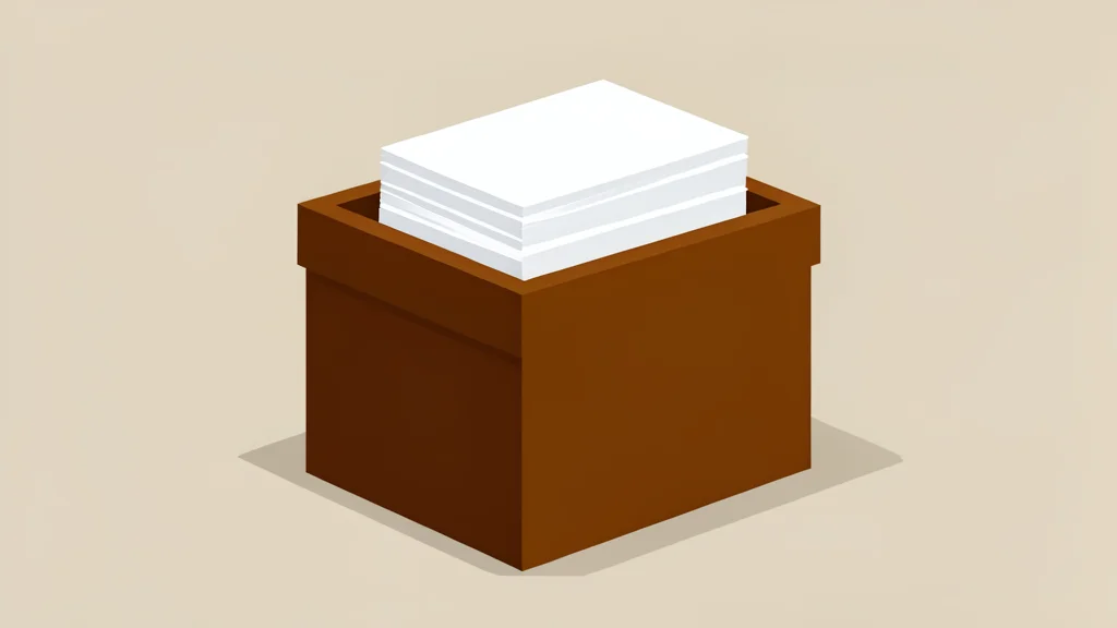 A stack of blank paper ballots resting inside a simple wooden ballot box