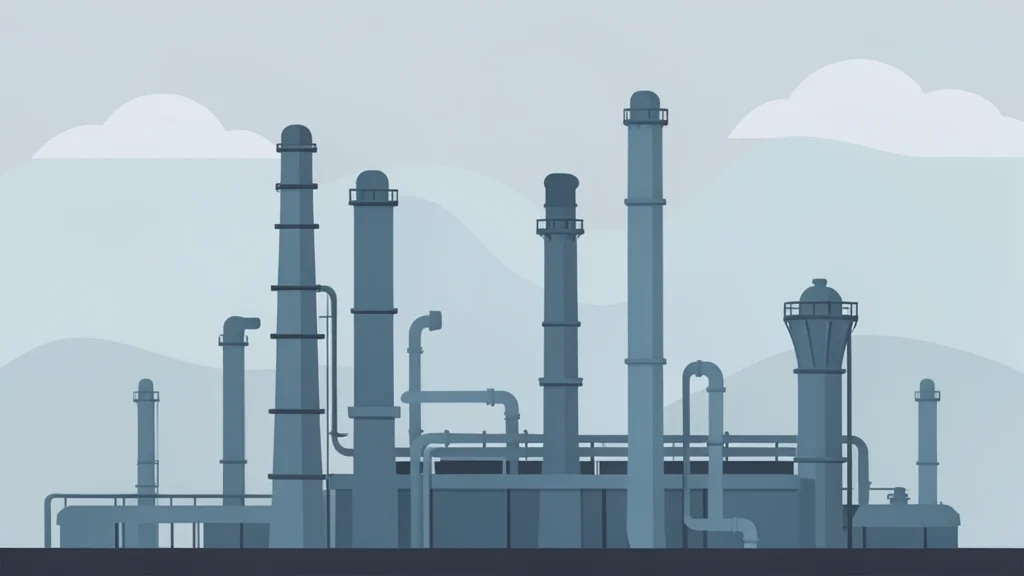 A large industrial refinery complex with tall distillation towers and interconnected pipes against a hazy sky.