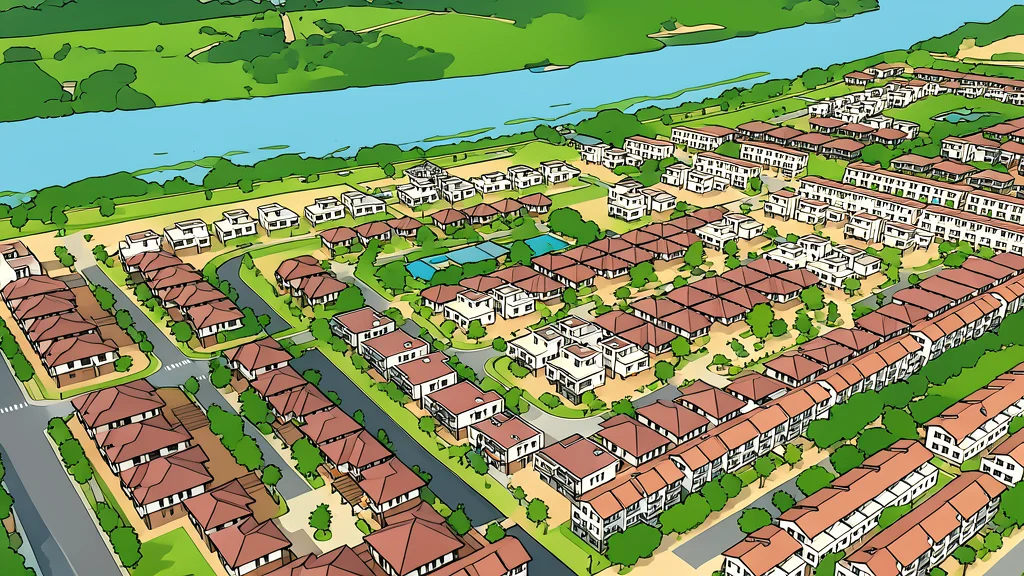 A modern residential building complex with green landscaping and a wide paved road leading towards it