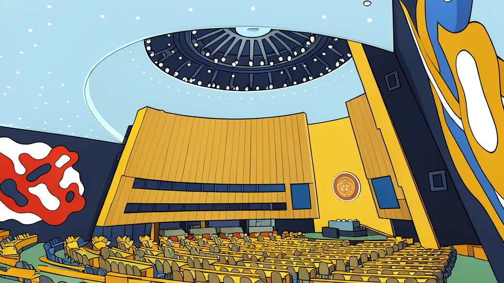 A large circular hall with rows of empty chairs facing a central podium