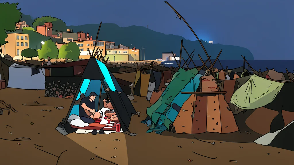A sandy beach with makeshift tents and shacks scattered across the shore