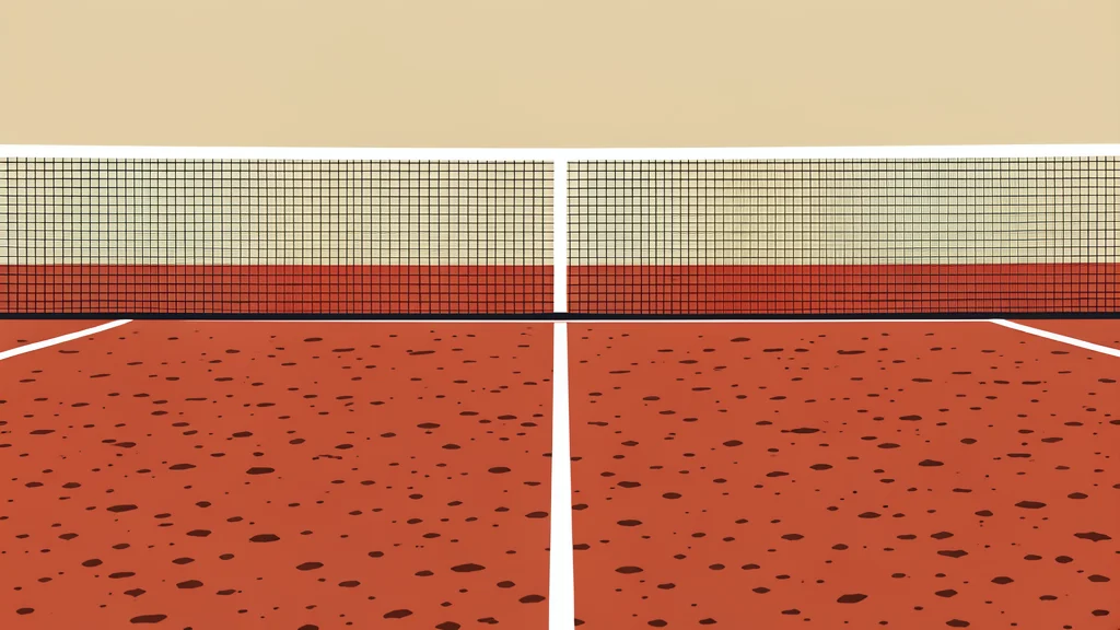 A red clay tennis court with white boundary lines and a net stretched across the center