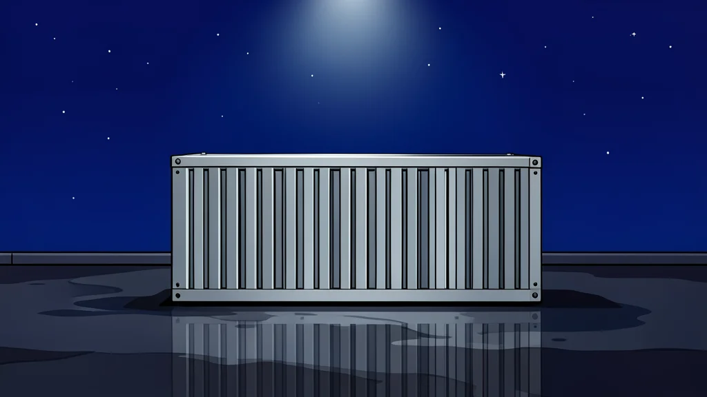 A large rectangular battery module with metallic casing and cooling fins resting on a concrete floor.