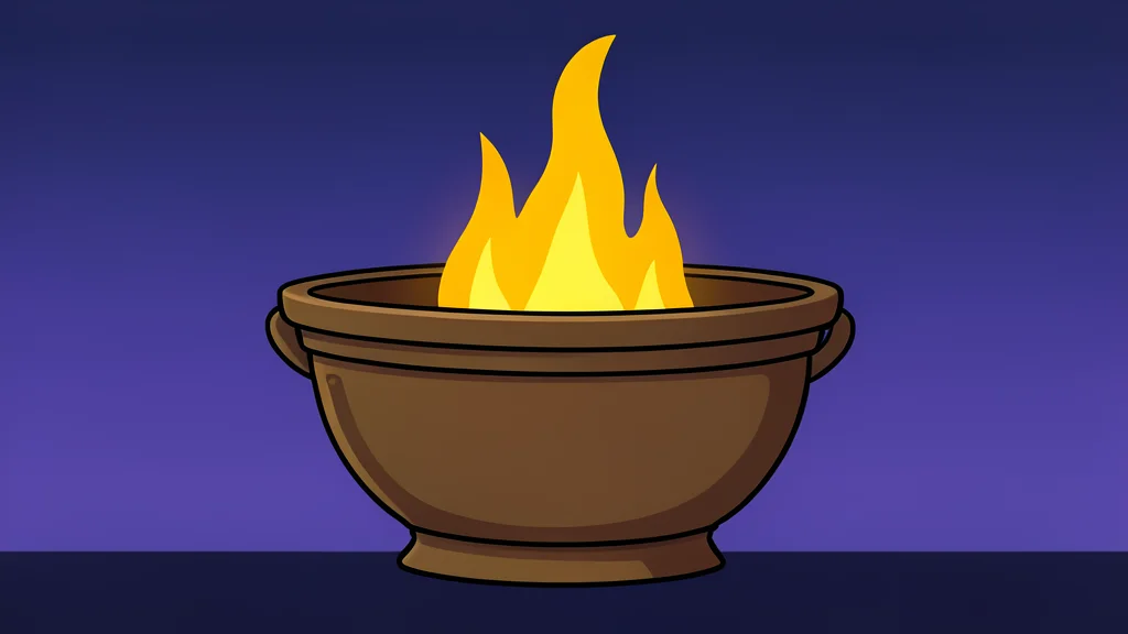 A large, ornate stadium cauldron filled with a steady, bright flame against a twilight sky