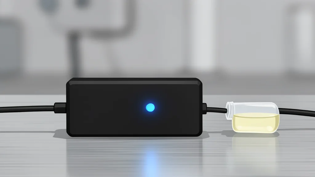 A small, rectangular electronic device with a USB cable plugged into it, resting on a white surface next to a test tube containing a clear liquid.