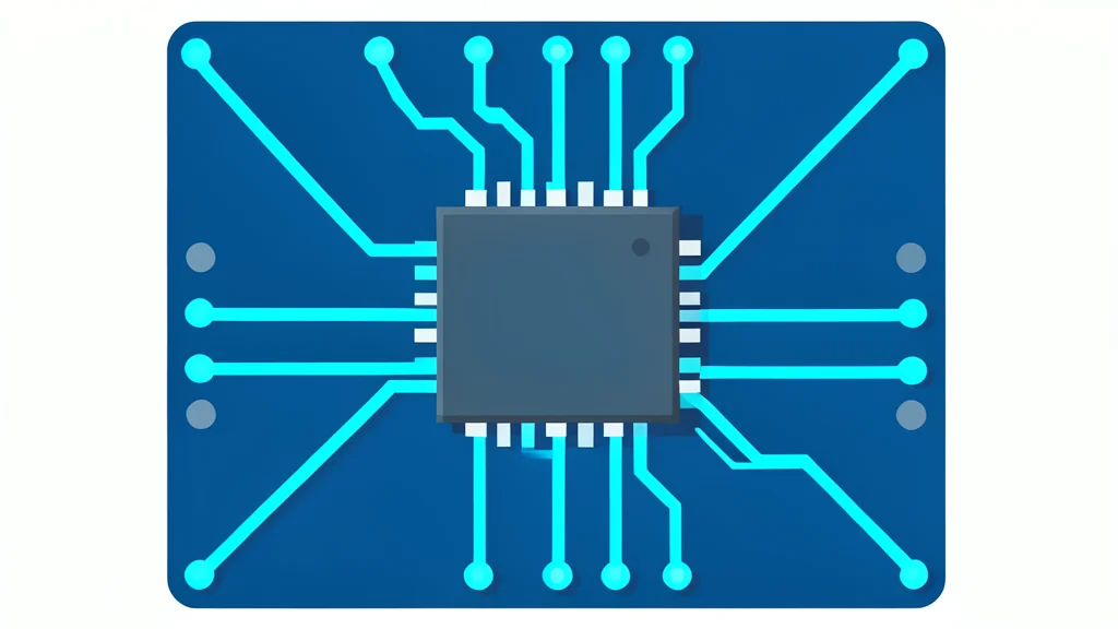 A digital circuit board with glowing blue traces and a central processor chip