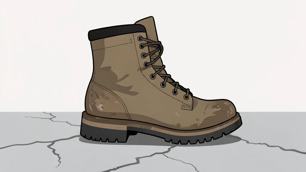 A dusty, worn military boot standing on a cracked concrete surface