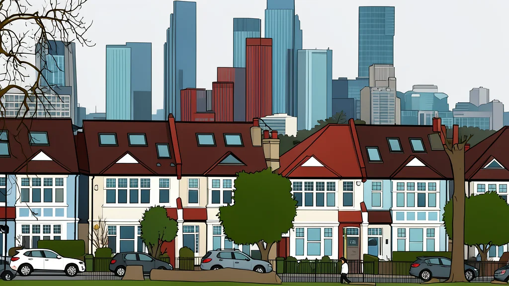 A row of suburban houses with pitched roofs and a single front door