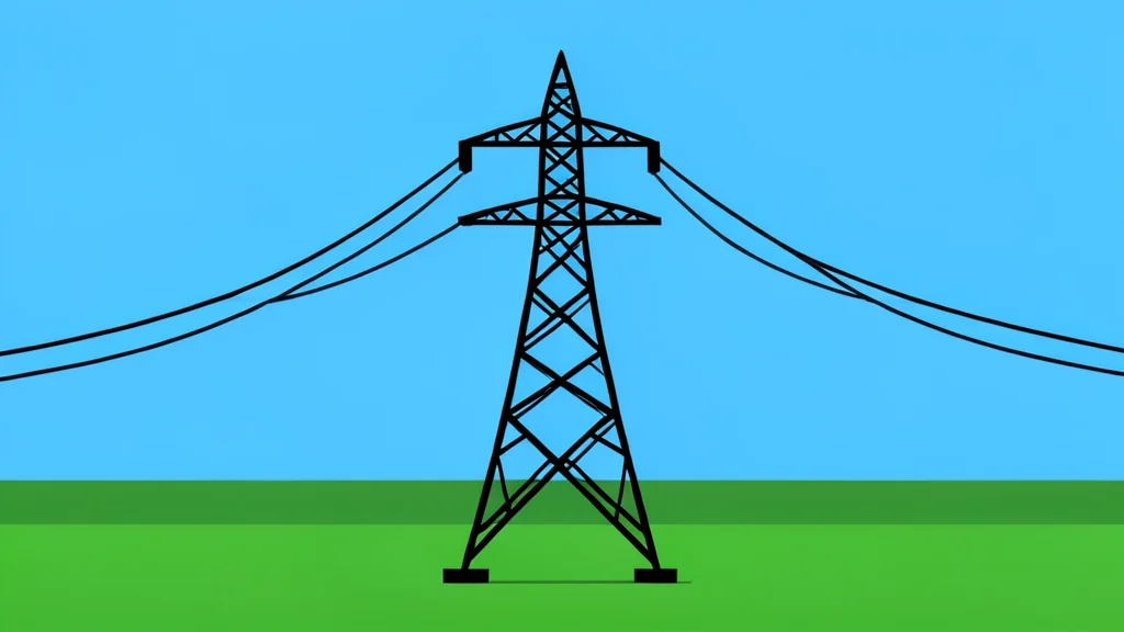A high-voltage transmission tower standing in a field with power lines stretching into the distance