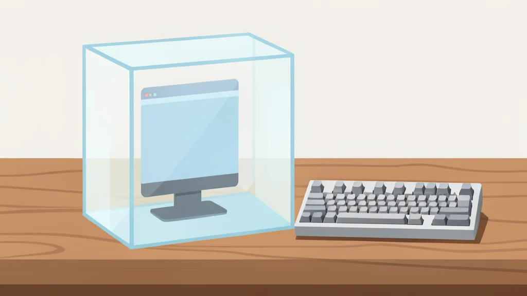 A transparent glass box containing a simplified, abstract representation of a desktop computer interface, sitting on a wooden desk next to a mechanical keyboard.