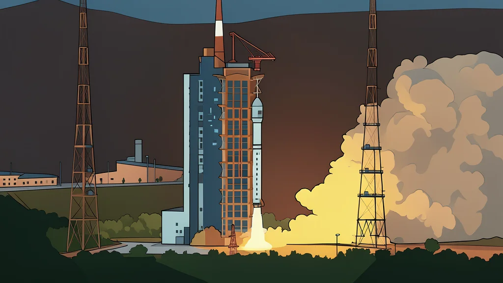 A white rocket ascending vertically from a launch pad against a clear sky