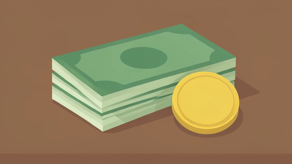 A stack of paper currency and a single gold coin resting on a wooden desk