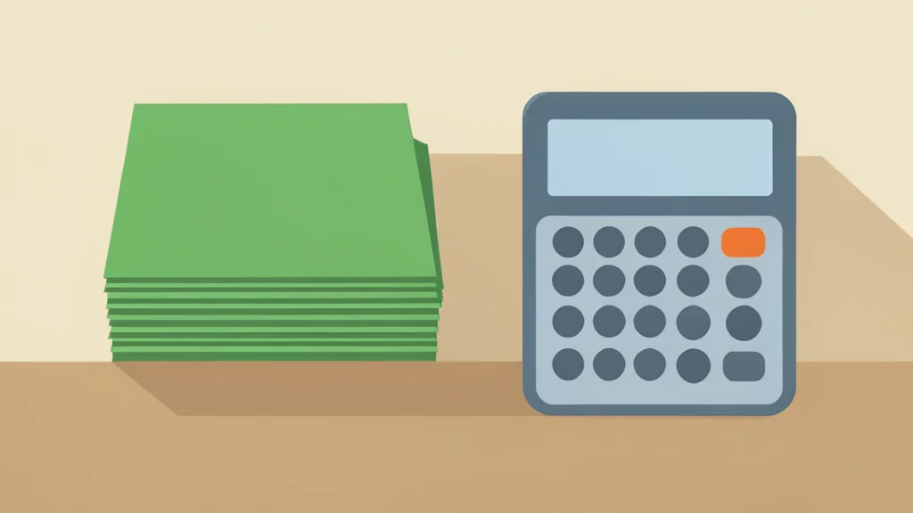 A flat vector illustration of a stack of paper currency and a calculator on a wooden desk