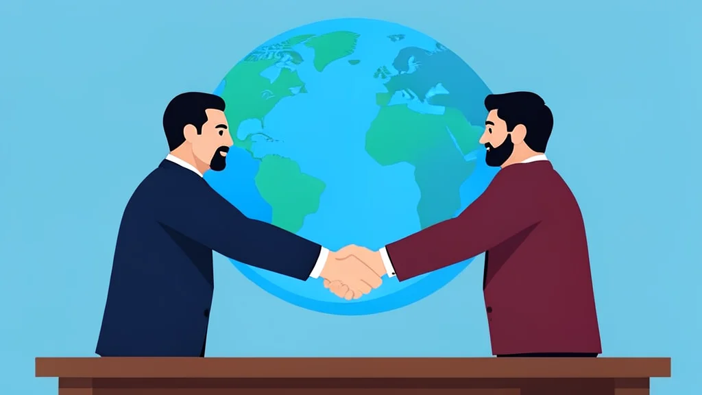 A handshake between two officials across a table with a globe in the background