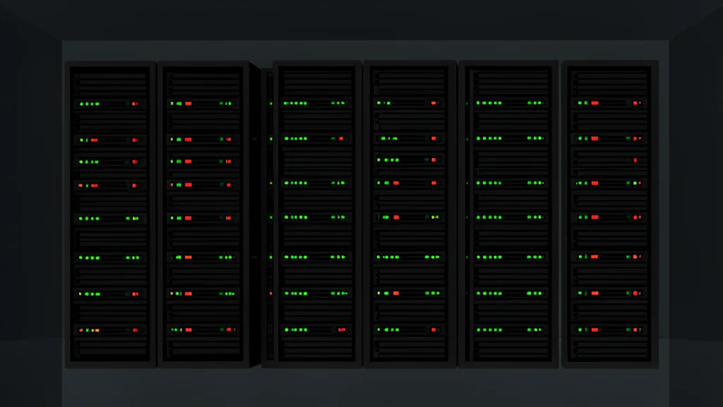 A dense cluster of black server racks with blinking status lights in a dark room