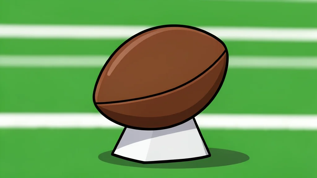 A green artificial turf field with white yard lines and a football resting on a tee