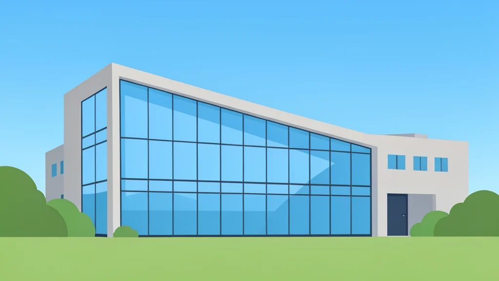 A modern university campus building with a glass facade reflecting a blue sky