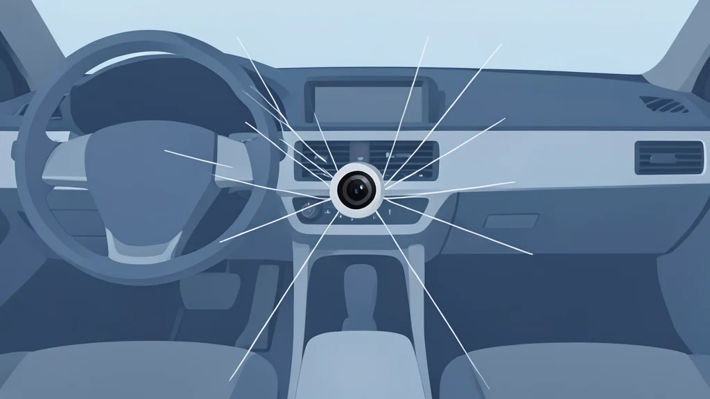 A stylized vector illustration of a car dashboard featuring a central camera lens and abstract sensor lines.