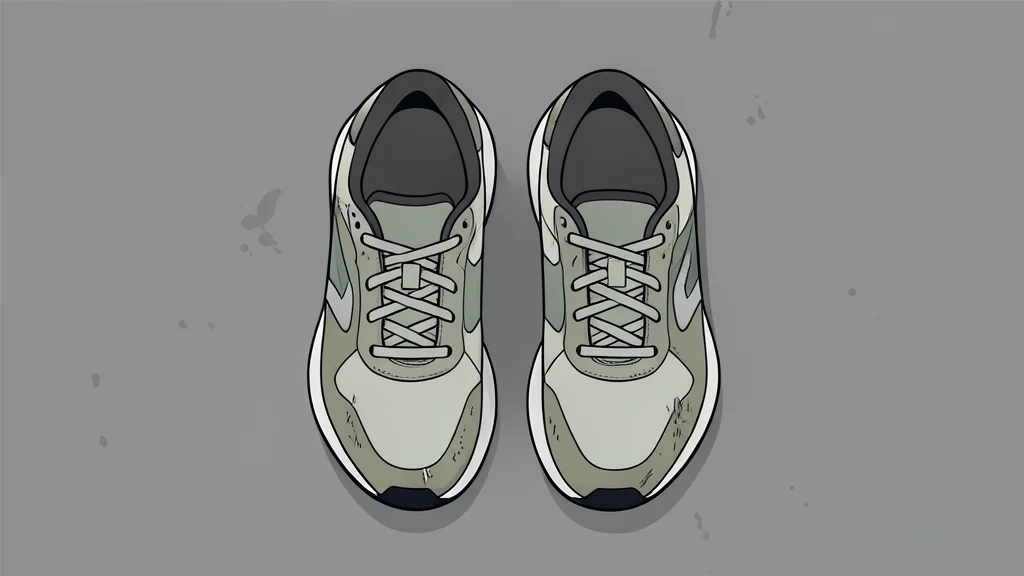 A pair of worn athletic sneakers resting on a concrete surface