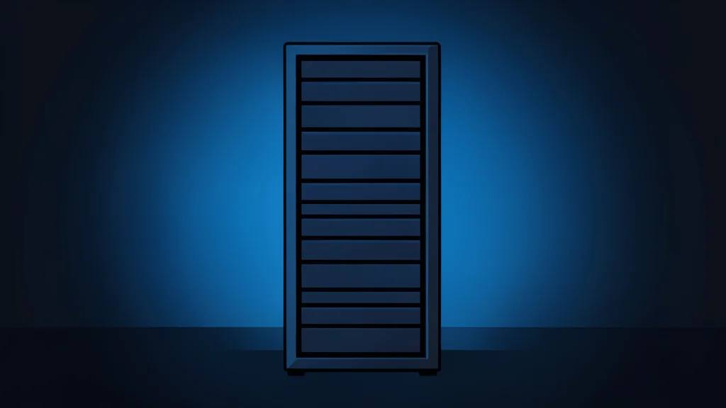A sleek, modern server rack standing in a dimly lit room with blue ambient lighting