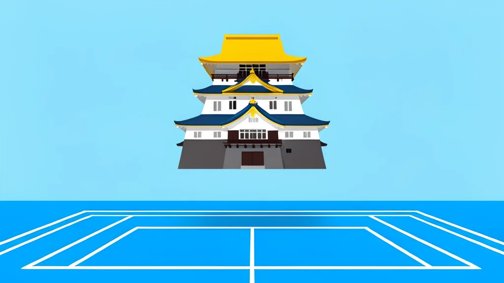 A traditional Japanese castle with a golden roof floating above a stadium track.