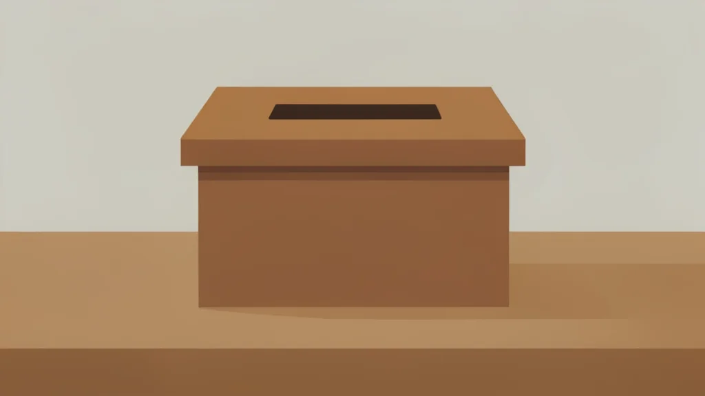 A wooden ballot box with a slot on top, sitting on a table in a quiet room