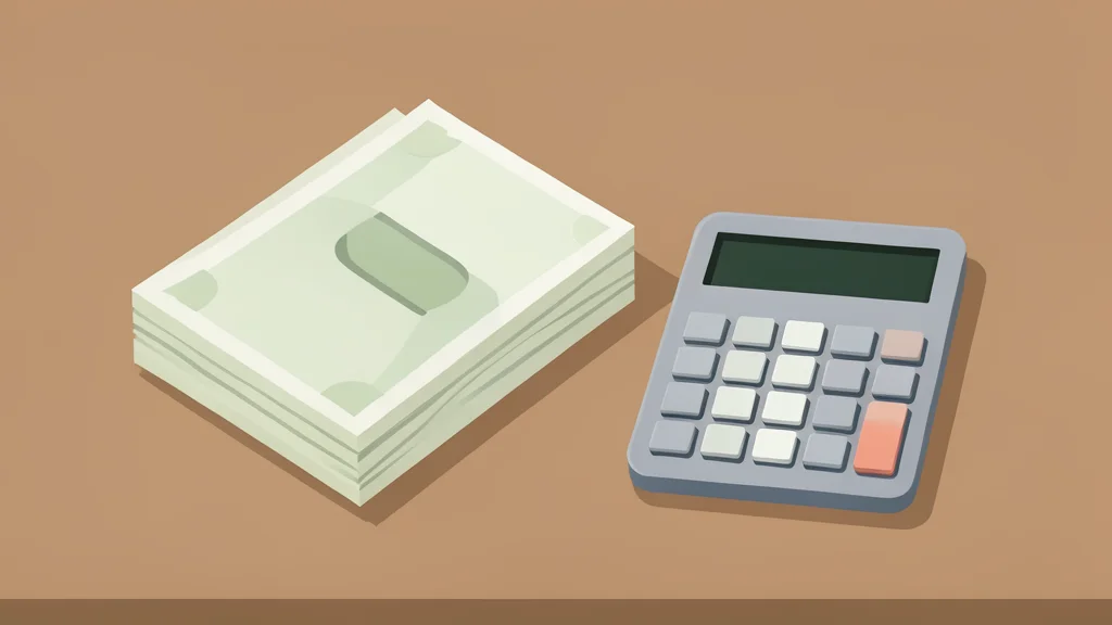 A stack of paper currency and a calculator on a wooden desk