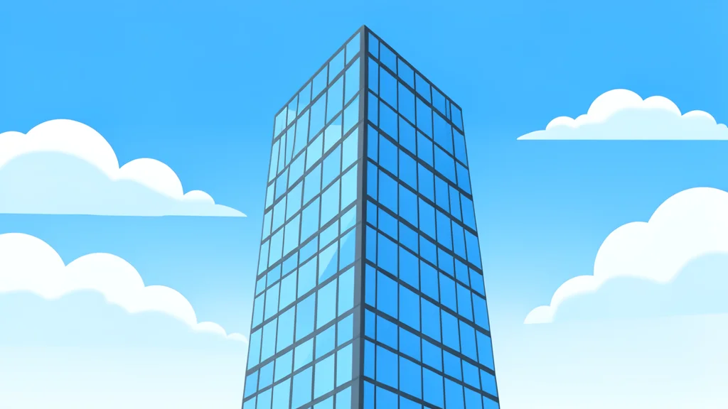 A glass skyscraper with a geometric facade reflecting the sky