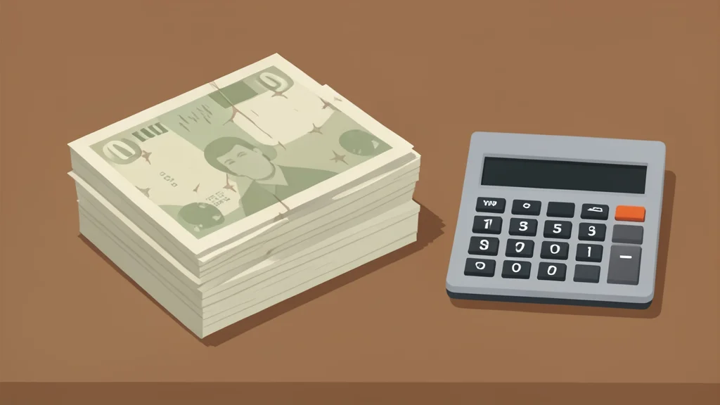 A stack of old, worn paper currency bills sitting on a wooden desk next to a calculator