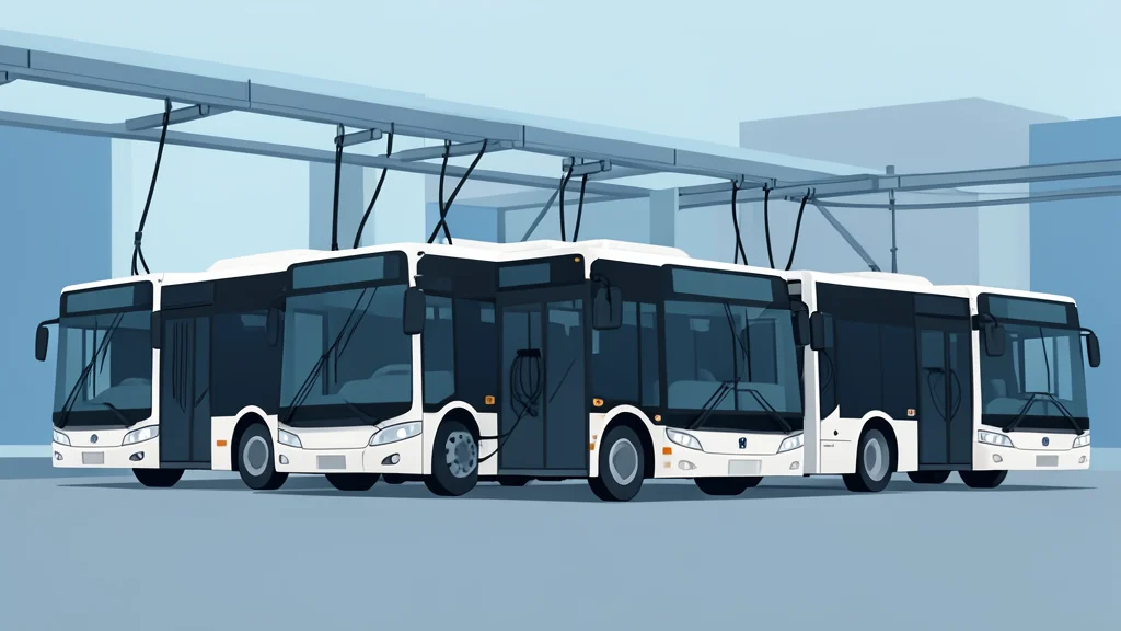 A row of electric buses parked in a depot with charging cables connected to overhead lines