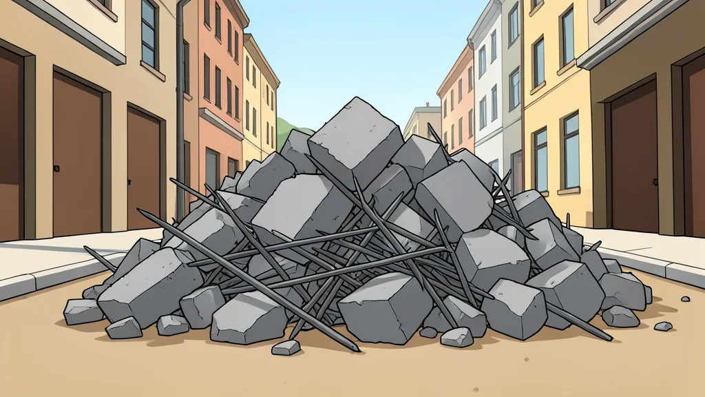 A pile of concrete rubble and twisted rebar in a dusty, sunlit street