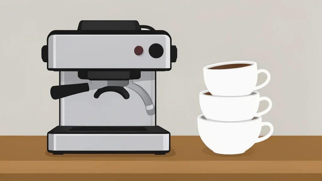 A stainless steel espresso machine and a stack of ceramic coffee cups on a wooden counter