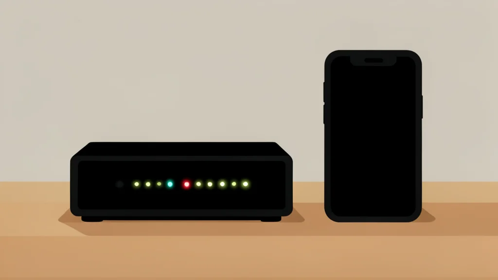 A small black storage device with blinking lights sits on a wooden desk next to a smartphone.
