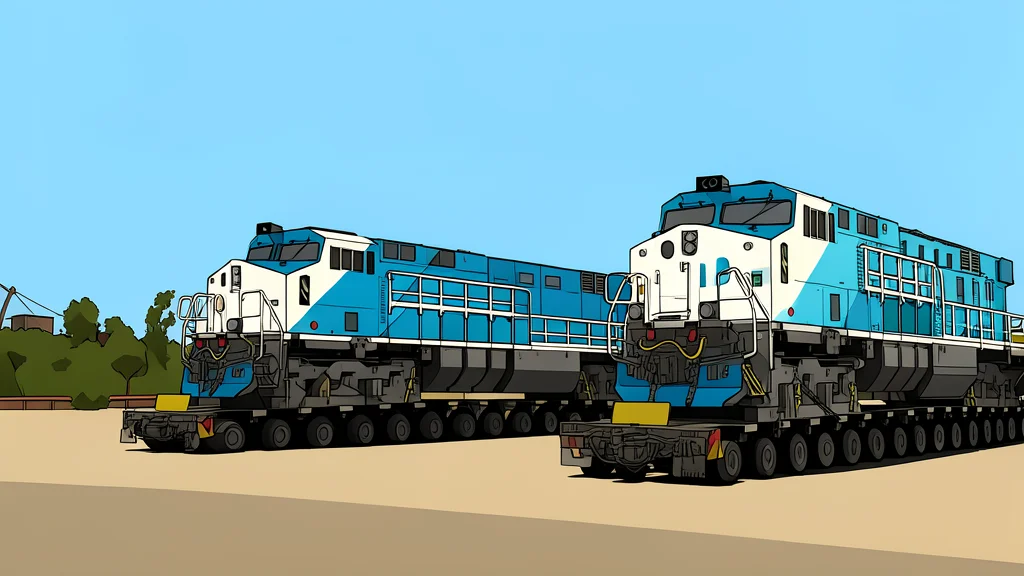 A heavy industrial locomotive with large battery packs on a railway track in a desert landscape