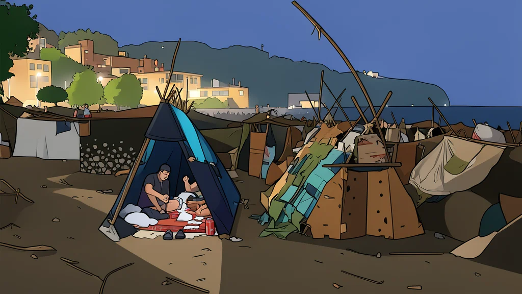 A sandy beach with makeshift tents and shacks scattered across the shore