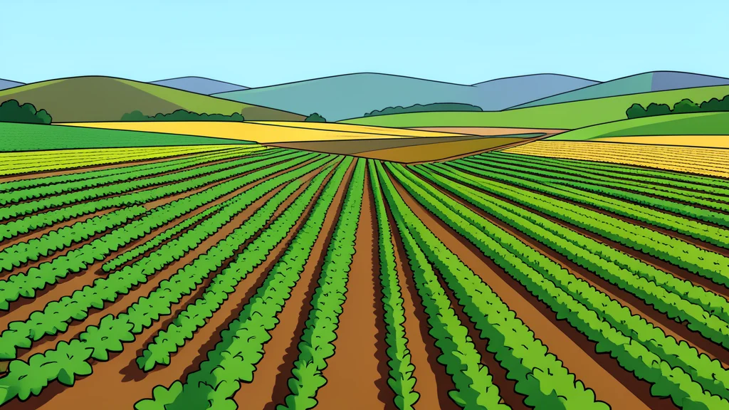 A flat-vector illustration of a rural landscape featuring a patchwork of cultivated agricultural fields with rows of crops and distant hills under a soft sky.
